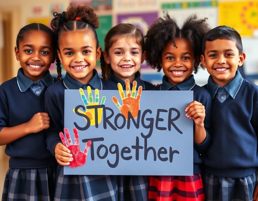 Children with Stronger Together sign