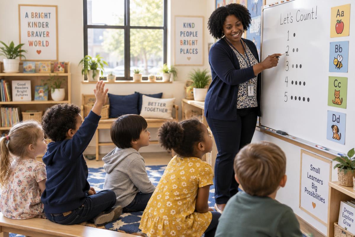 A JKA teacher at the classroom whiteboard counting with five attentive preschoolers, one raising a hand
