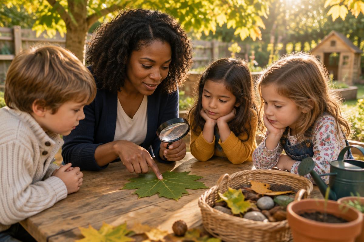 A JKA teacher showing three children the veins of a maple leaf through a magnifying glass outdoors