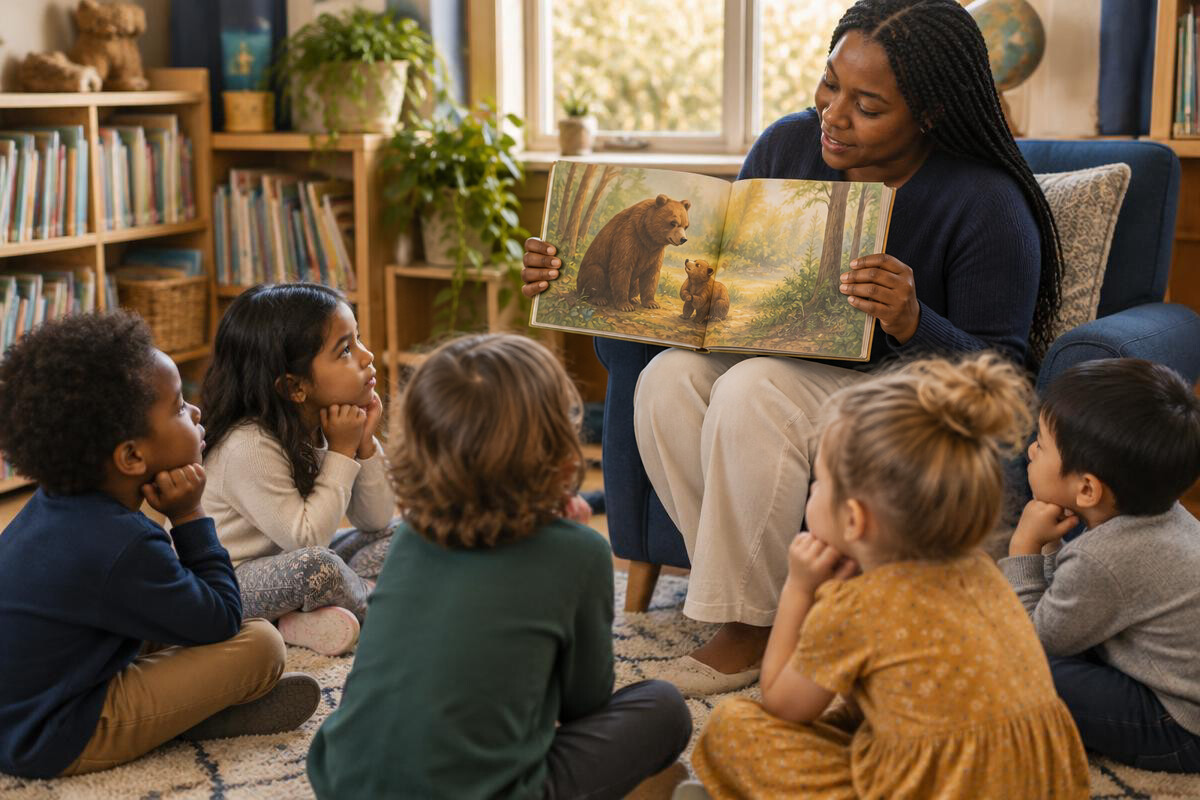 A JKA teacher reading a picture book to a circle of young children